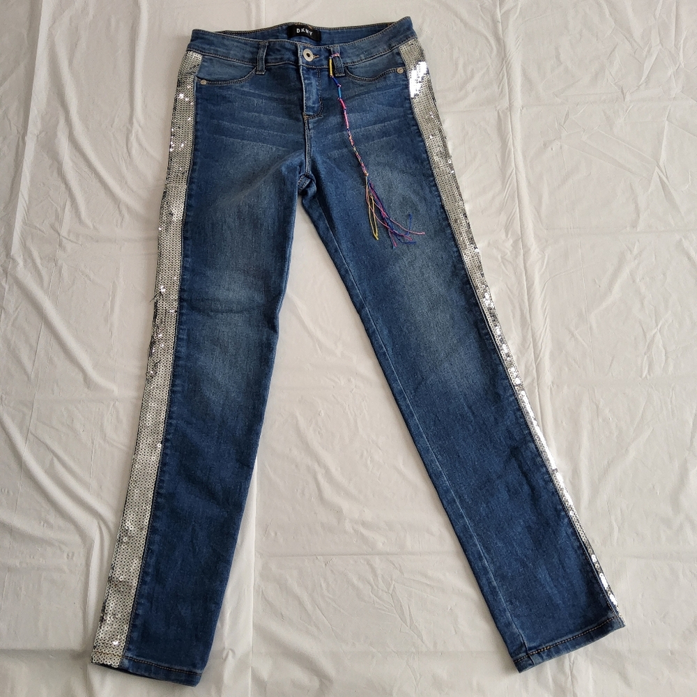 Dkny Big Girl Blue Sequin-striped Jeans